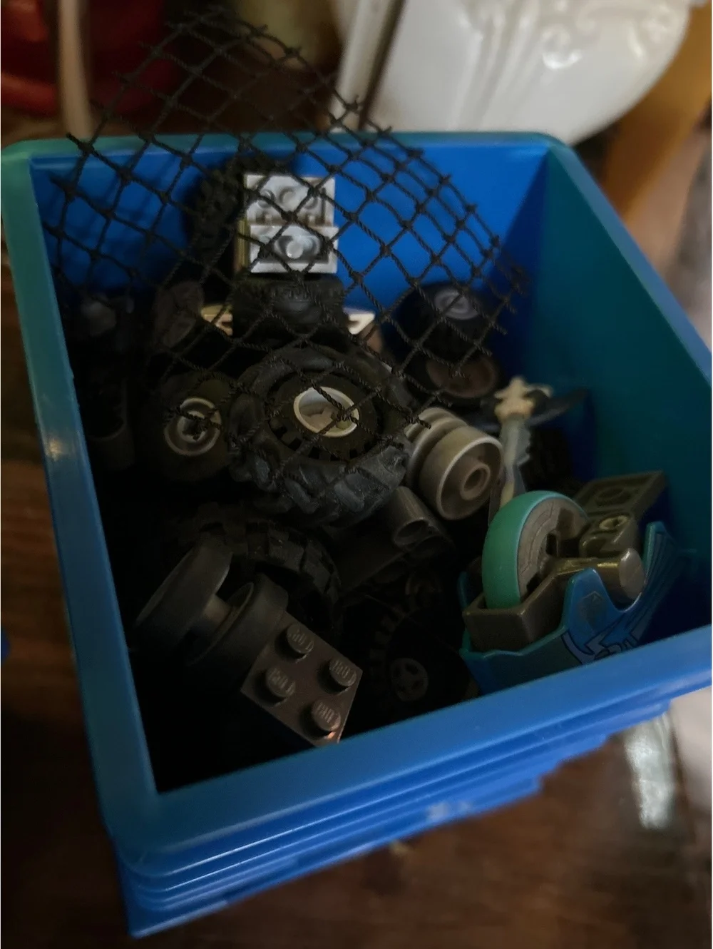 LEGO Blue Storage Brick Box with Assorted Wheels and Parts